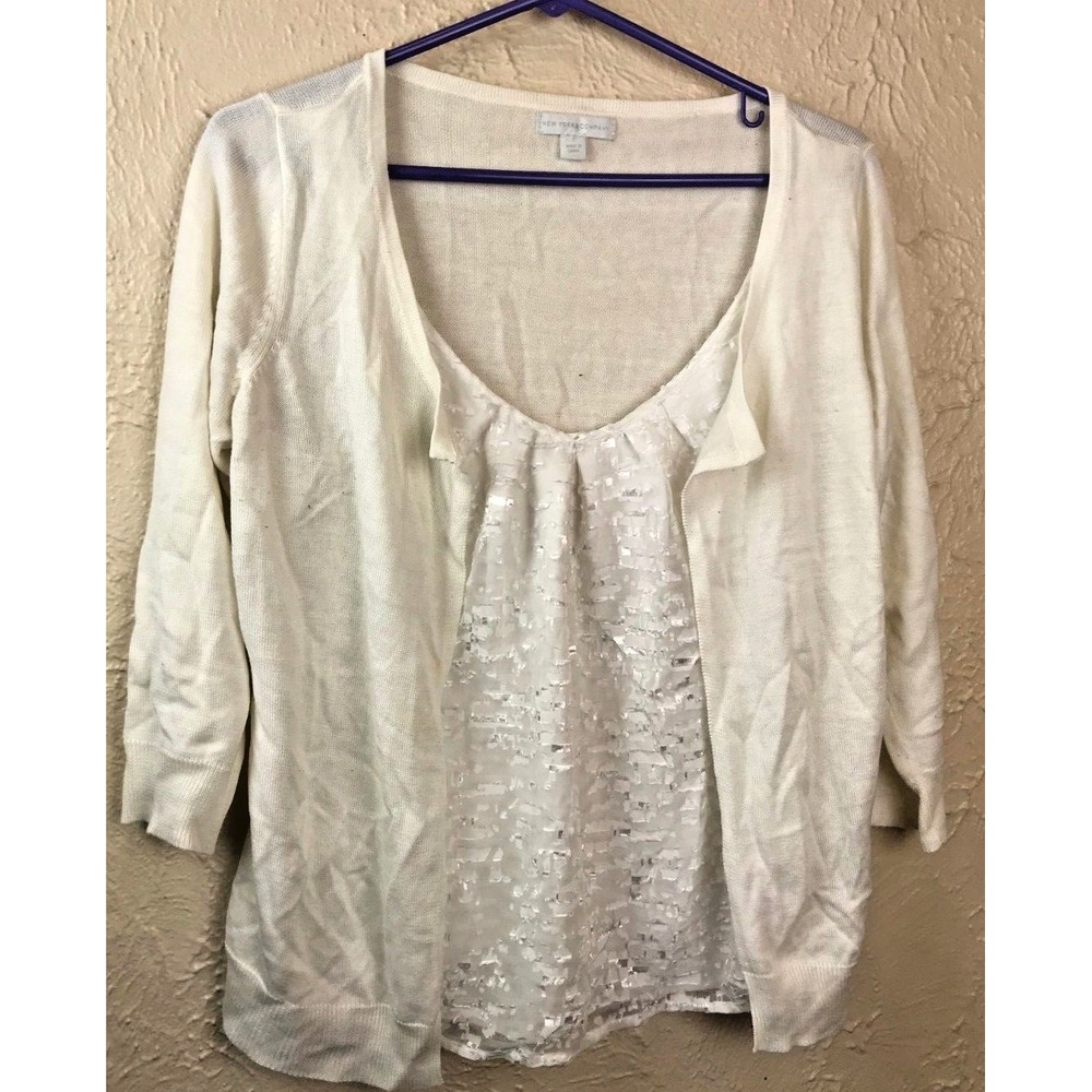 New York & Company womens Small Ivory‎ Cardigan with Built in Shimmer Tank Top